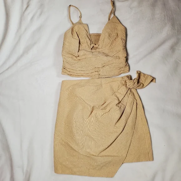 Zara Boho Beach Draped Pinstripe Asymmetric Skirt Set Bow Golden Sand Size S - Picture 3 of 6